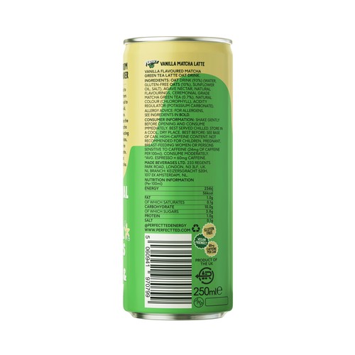 PERFECT TED Vanilla Bebida de avena sin gluten con sabor a té matcha con leche y vainilla lata 25 cl.
