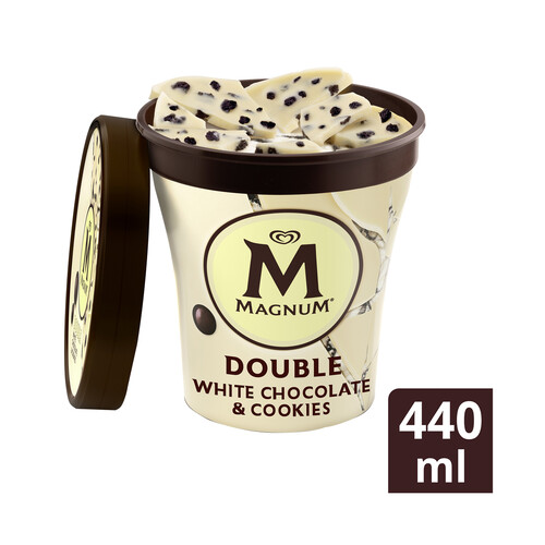 MAGNUM Tarrina de helado crema de nata con salsa de galleta al cacao, virutas de chocolate blanco y trozos de galleta MAGNUN Double 440 ml.