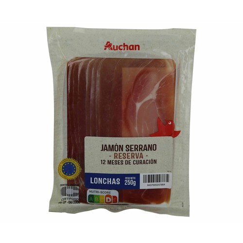 Jamón serrano reserva (curación mínima de 12 meses) cortado en lonchas PRODUCTO ALCAMPO 250 g.