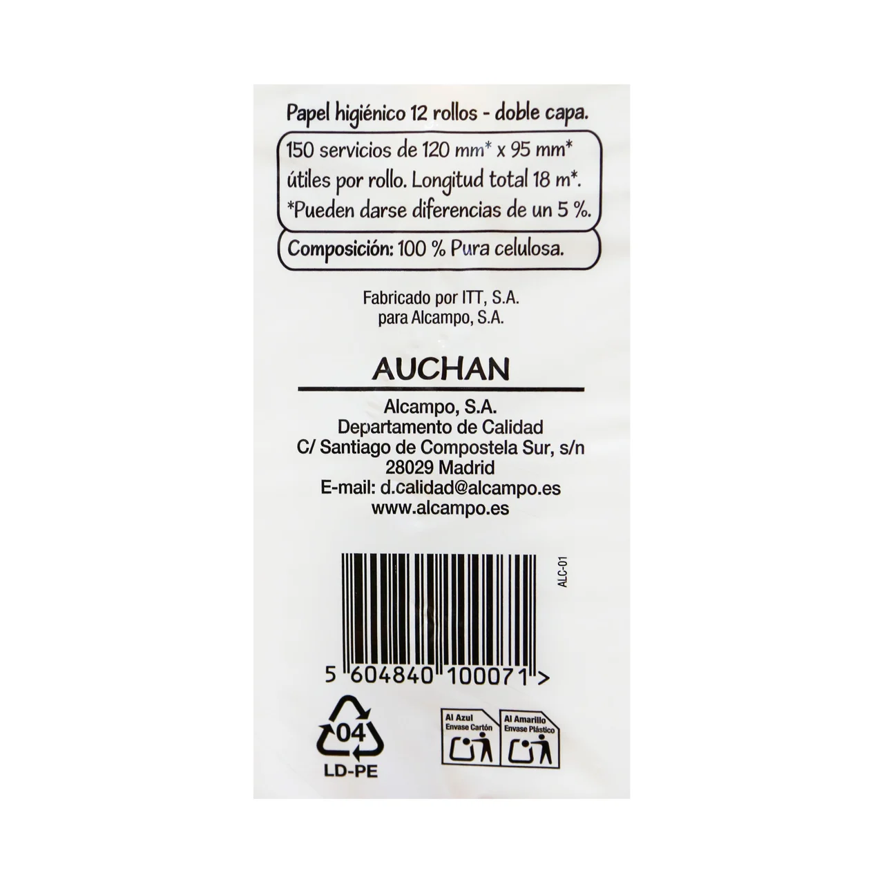 PRODUCTO ALCAMPO Papel higiénico de doble capa 12 rollos