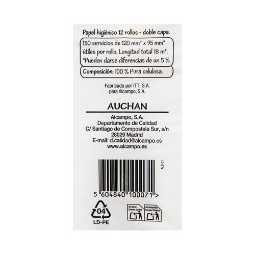 PRODUCTO ALCAMPO Papel higiénico de doble capa 12 rollos