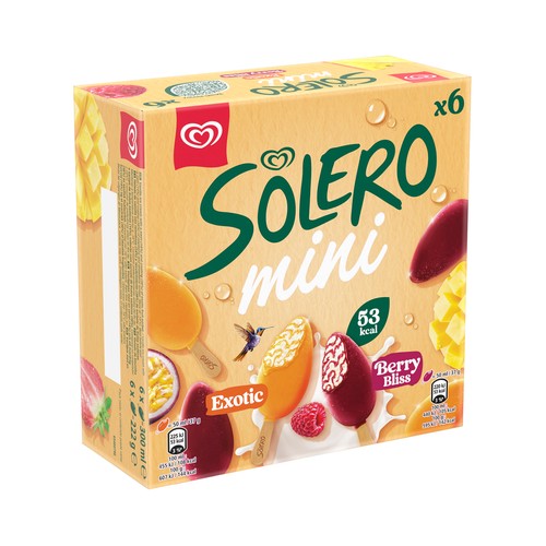 SOLERO Mini polos de frutas (3 frutas exóticas y 3 de frambuesa y fresa) 6 x 50 ml.