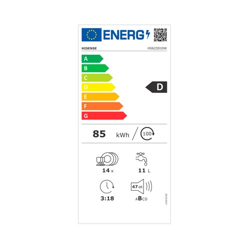 Lavavajillas HISENSE HS623D10W, capacidad: 14 servicios, clasificación energética: D, H: 84,5cm, A: 59,8cm, F: 60cm.