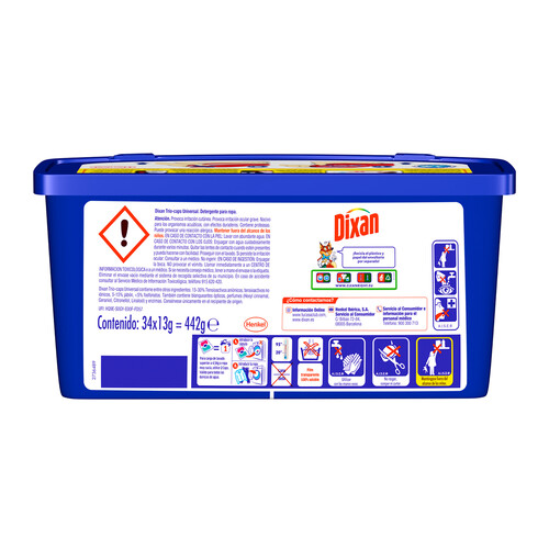 DIXAN Detergente para ropa en cápsulas (Limpieza, luminosidad y frescor) DIXAN TRIO CAPS 34 uds.