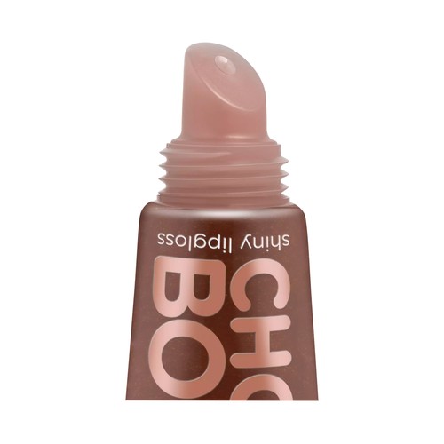 ESSENCE Choco bomb tono marrón Brillo de labios no pegajoso con partículas doradas brillantes.