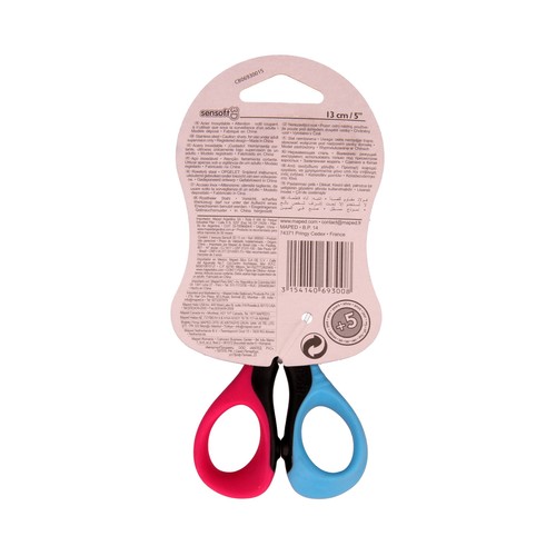 Tijera escolar con hojas de 13 cm, ergonomia 3D y mangos flexibles MAPED Sensoft 3D.