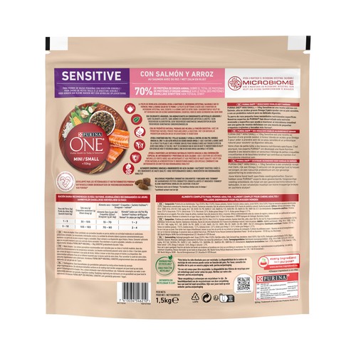 PURINA ONE Mini Comida para perros adultos de raza pequeña a base de salmón y arroz 1,5 kg.