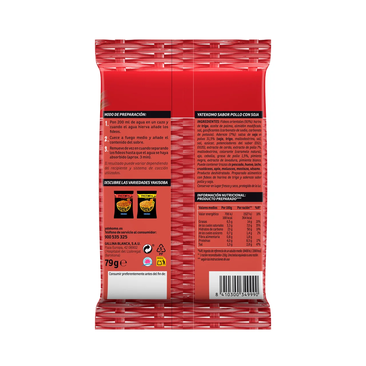 Fideos Orientales instantáneos con sabor a pollo con bolsa de soja de 79 g.