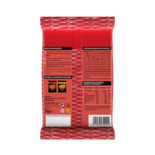 YATEKOMO Fideos Orientales instantáneos con sabor a pollo con bolsa de soja de 79 g.
