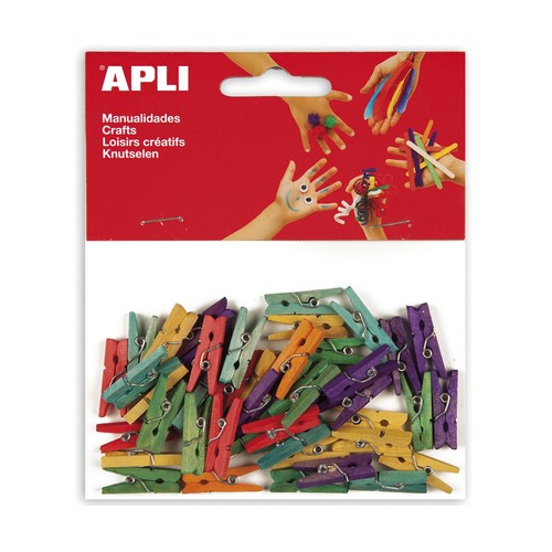 Bolsa de 45 minipinzas de madera de 25 x 3 mm y de diferentes colores APLI.