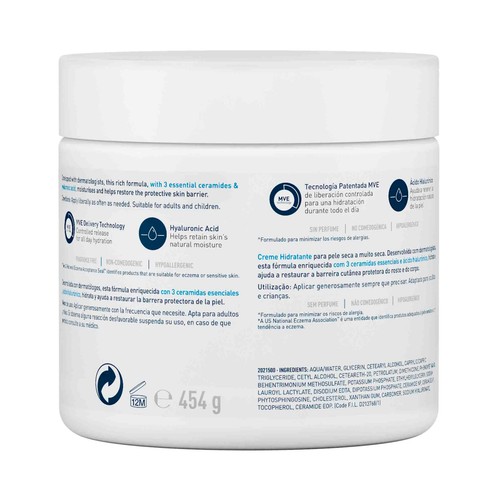 CERAVE Crema hidrantante sin perfume, para pieles secas a muy secas 454 g.