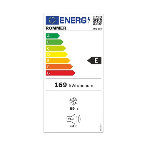 Congelador horizontal ROMMER MFE 100, clasificación energética: E, H: 84cm, A: 55cm, F: 48cm, capacidad total: 99L.