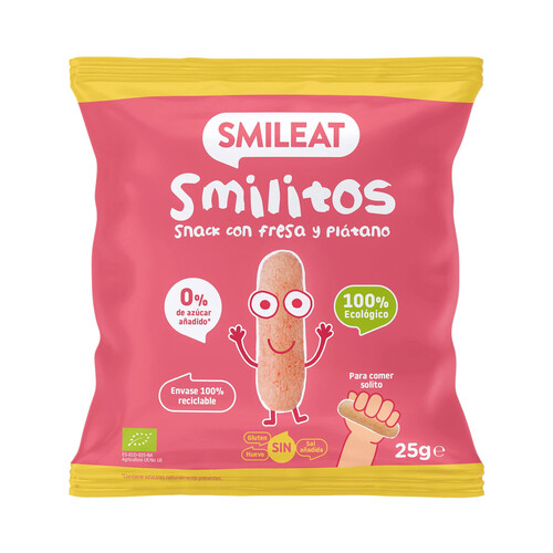 SMILEAT Smilitos Snack infantil con fresa y plátano de origen 100% ecológico 25 g.