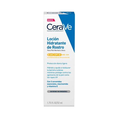 CERAVE Loción facial hidratante sin perfume, con FPS 50, para pieles normales a secas 52 ml.
