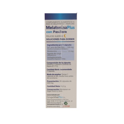 VIVE+ SALUD Y VIDA Melatoninaplus con pasiflora VIVIE + SALUD Y BELLEZA 30 càp. de 540 mg.