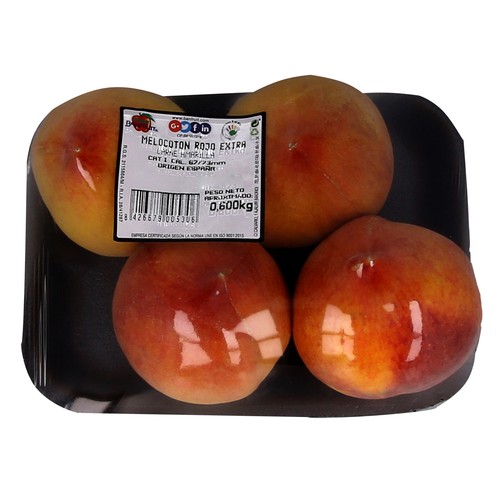 Melocotones rojos calidad extra, bandeja 600 g.