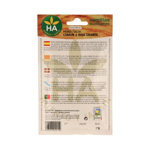 Semillas ecológicas para sembrar perejil de la variedad hoja grande HA-HUERTO Y JARDIN 3.75 gramos.