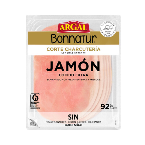 Jamón cocido exta, cortado en lonchas BONNATUR de Argal 140 g.