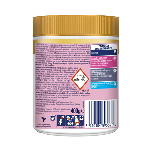 VANISH Potenciador del lavado multifunción con triple efecto: quitamanchas, blanqueante instantáneo y cuidado/brillo de los blancos VANISH OXI ADVANCE 400 g.