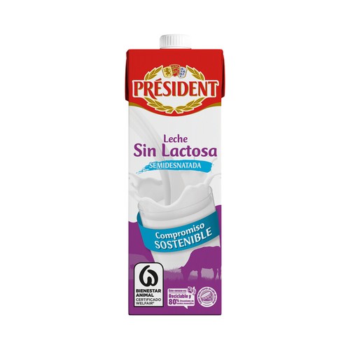 PRESIDENT Leche de vaca semidesnatada y sin lactosa de origen 100% española  1 l.