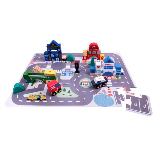 Cubo de Piezas Ciudad con Puzle y Bloques de Madera 75 piezas +18 Meses ONE, TWO FUN Baby