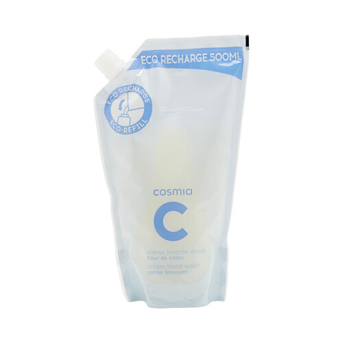 Recambio de jabón de manos con textura crema y aroma a flor de algodón COSMIA 500 ml.