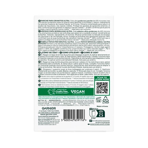 GARNIER Pure active Parches ultrafinos de hidrocoloide para reducir los granos en 8 horas sin dejar marcas 22 uds.
