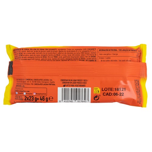 CONGUITOS Barrita duo de crema de cacahuete 46 g.