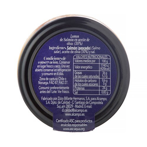 PRODUCTO ALCAMPO Lomos de salmón ASC en aceite de oliva tarro 140 g,