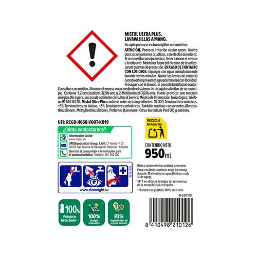 MISTOL Ultra plus Detergente concentrado lavavajillas a mano 950 ml.