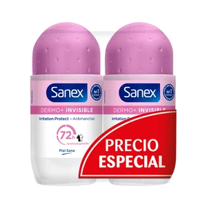 SANEX Dermo+ invisible Desodorante roll-on para mujer, antitranspirante hasta 72 horas 2 x 50 ml.