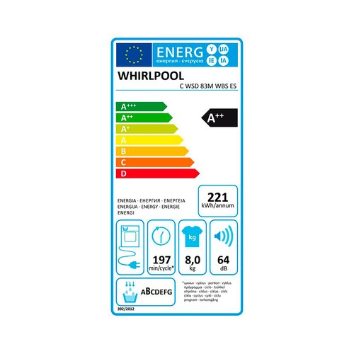 Secadora por condensación con bomba de calor WHIRLPOOL CWSD83MWB capacidad de secado: 8KG, clasificación energética: A++, H: 84,6cm, A: 59,7cm, F: 60cm.
