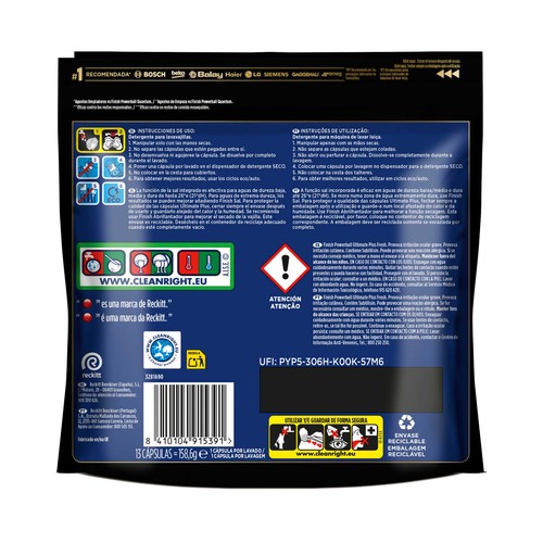 FINISH Ultimate plus Cápsulas para lavavajillas, para una limpieza y brillo intensivos 13 uds, 158.6 g.