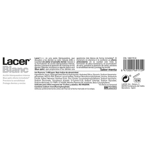 LACER Blanc Pasta de dientes con flúor, acción blanqueadora y sabor a menta 125 ml.