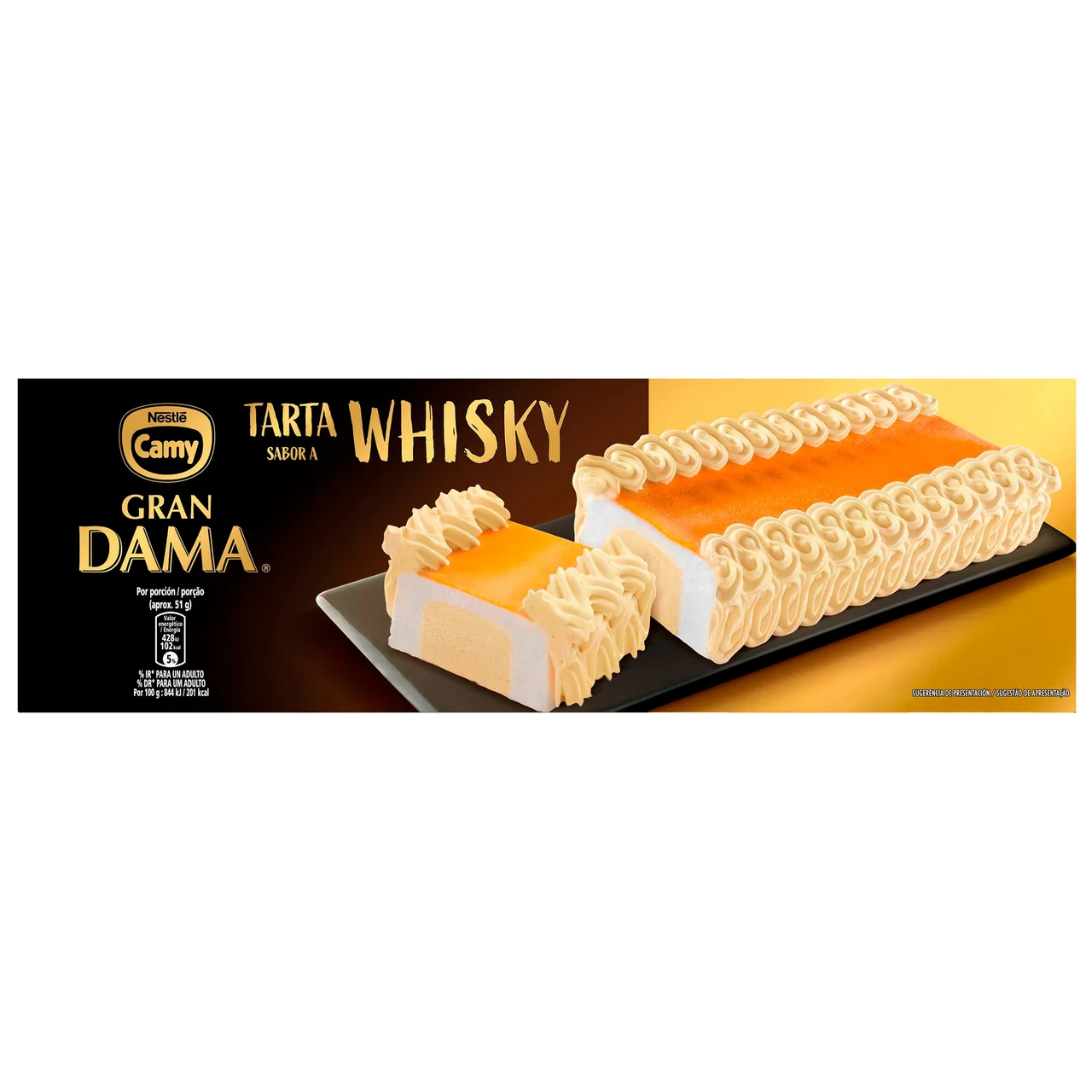 Tarta con helado sabor a whisky y helado mantecado cubierta de yema 820 ml.