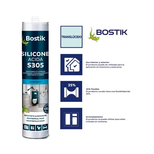 Siliconas translucida ácida S305 de 280 ml, BOSTIK