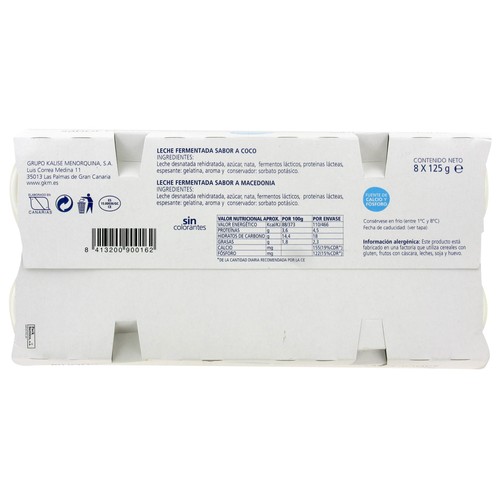 KALISE Yogur de sabores a coco (4) y macedonia (4)  8 x 125 g.