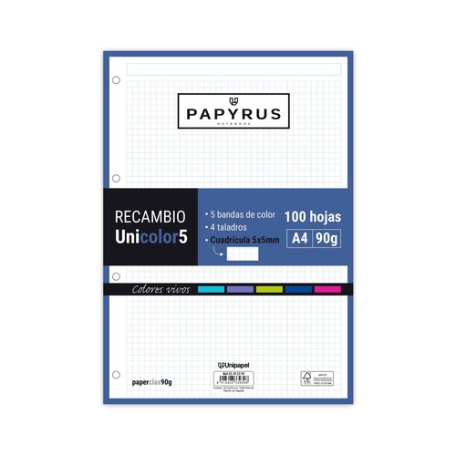 Recambio de 100 hojas tamaño A4, 4 taladros, 90gr, rayado cuadrícula 5x5 con margen y banda de color, UNIPAPEL.