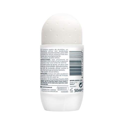 SANEX Desodorante para mujer en roll-on con acción anti manchas blancas SANEX Natur protect 50 ml.