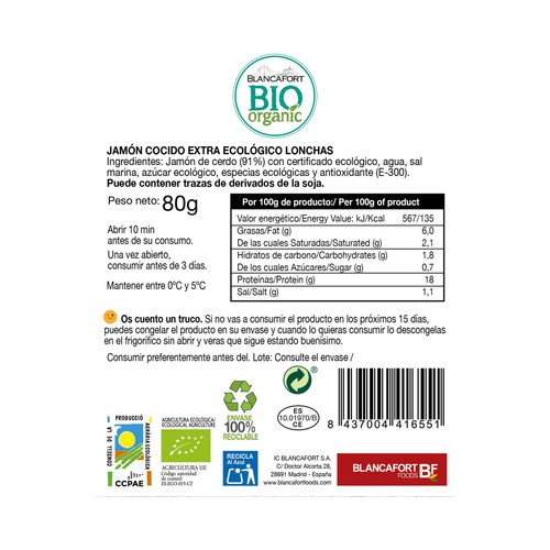 BLANCAFORT Jamón cocido loncheado ecológico BLANCAFORTBIO ORGANIC 80 g.