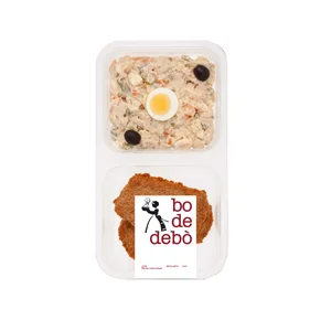 BO DE DEBÓ Dúo de ensaladilla rusa y libritos empanados y fritos de lomo rellenos de jamón cocido y queso 350 g.