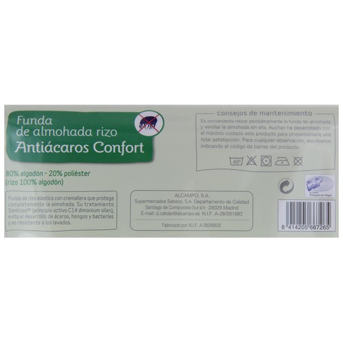 Funda protectora de almohada 80% algodón 20% poliéster, elástica antiácaros, 90 centímetros PRODUCTO ALCAMPO.