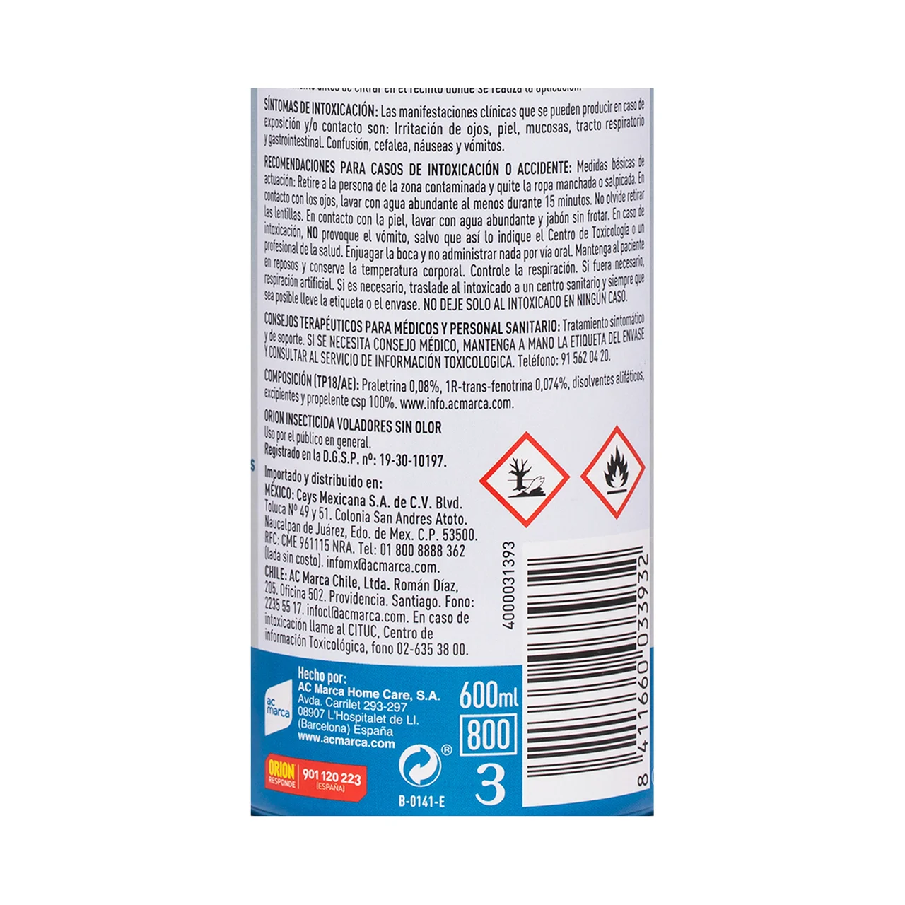 Insecticida aerosol sin olor, contra moscas y mosquitos 600 ml.