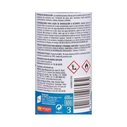 ORION Insecticida aerosol sin olor, contra moscas y mosquitos 600 ml.