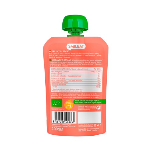 SMILEAT Bolsita de fruta, ecológica (fresa y plátano) para bebés a partir de 6 meses 100 g.