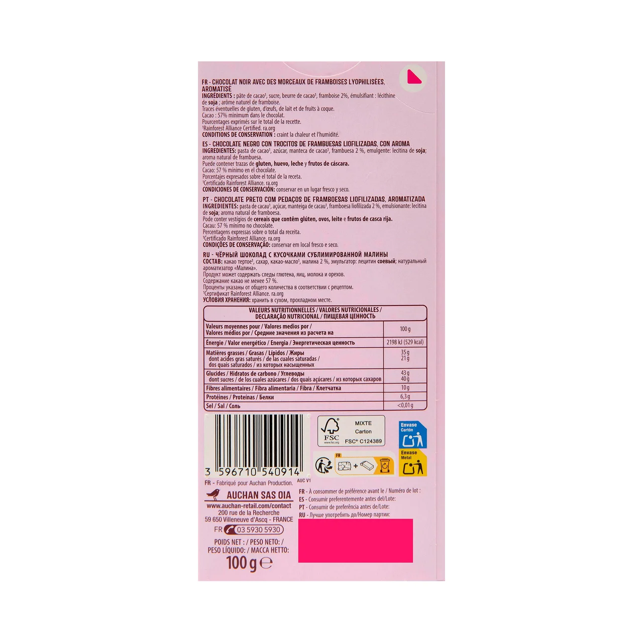 PRODUCTO ALCAMPO Tableta de chocolate negro con frambuesa  100gr