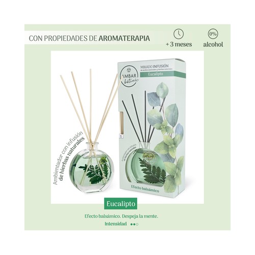 AMBAR Botanic Ambientador perfumador de varillas (Mikado), con efecto bálsamico y aroma a eucalipto 75 ml.