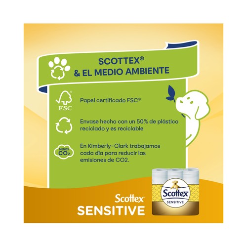 SCOTTEX Sensitive Papel higiénico de 2 capas con un toque de leche de almendras 18 rollos.
