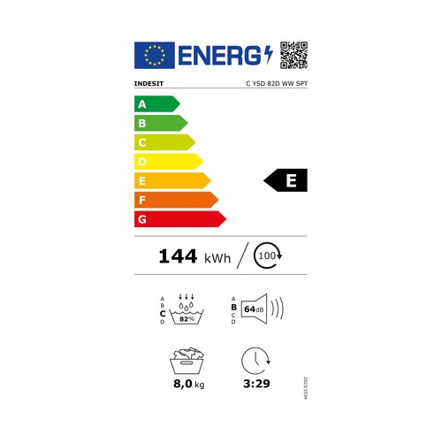 Secadora por condensación con bomba de calor INDESIT C YSD82DWW , capacidad de secado: 8KG, clasificación energética: E, H: 84,6cm, A: 59,8cm, F: 54,5cm.