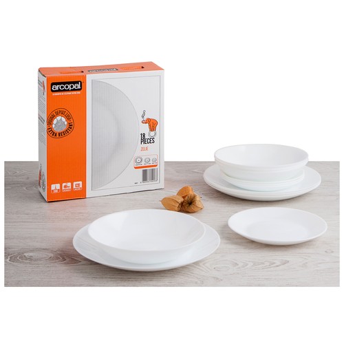 Vajilla completa de 18 piezas, 6 servicios, fabricada en vidrio opal modelo Zelie ARCOPAL